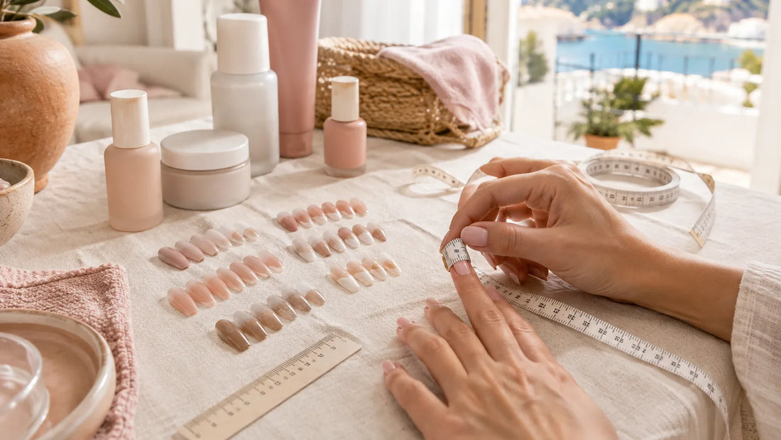 Uñas postizas de varias formas ordenadas por tallas junto a una cinta métrica flexible y una regla