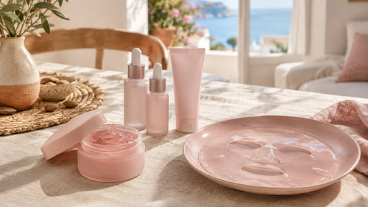Sérum rosado, crema en gel y mascarilla de hidrogel sin etiqueta, cosmética con PDRN o ADN de salmón