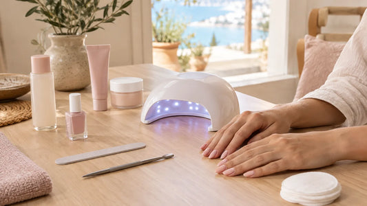 Manos con uñas semipermanentes nude junto a una lámpara LED, lima y empujador de cutículas sobre una mesa de madera