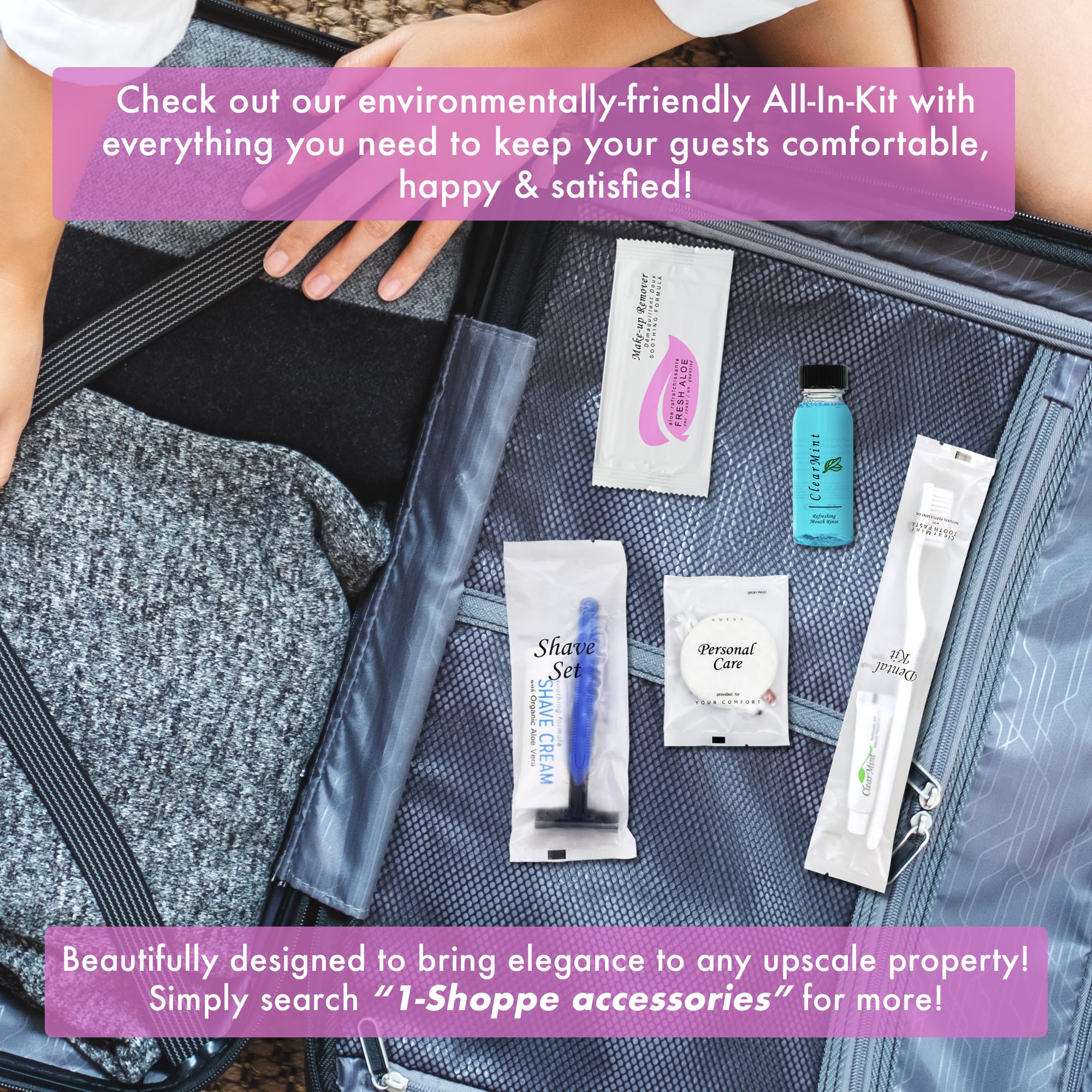 1-Shoppe All-in-Kit desmaquillante toallita en bulto, ideal para hoteles.