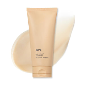 107 tratamiento hidratante para cabello y cuero cabelludo, frasco visible para hidratación profunda.