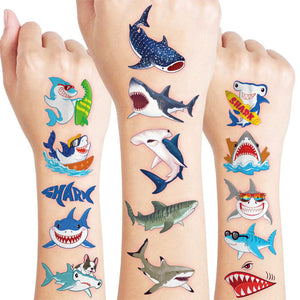 91TATTOOS tiburones pre-corte en hojas, ideal para fiestas infantiles.