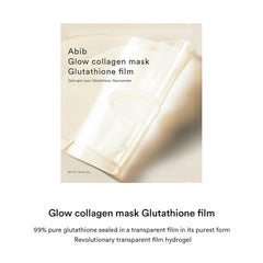 Abib Glow Collagen Mask hidrogel con rosa de Jericó para cuidado suave.