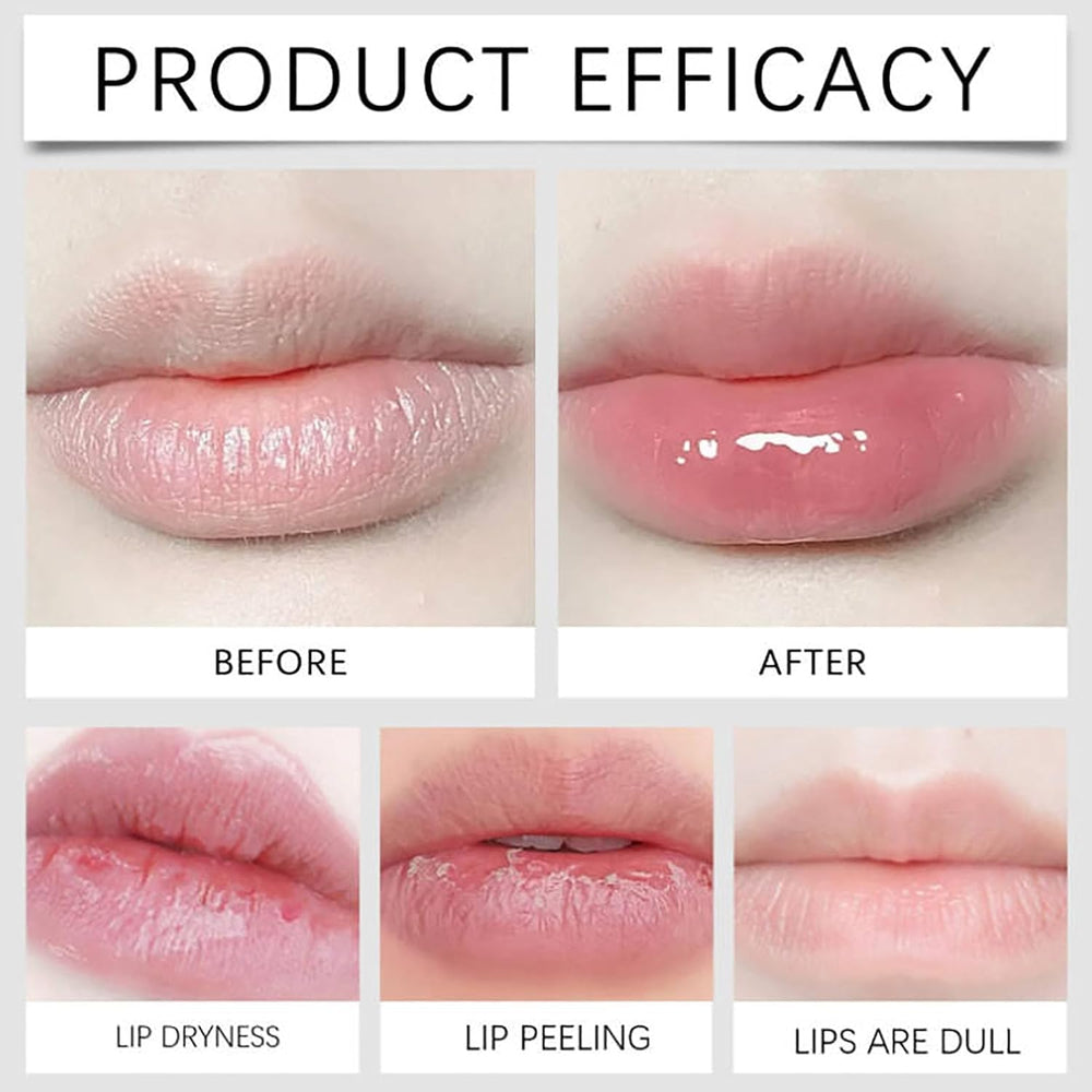 Aceite agrandador de labios: primer plano mostrando efecto volumen temporal.