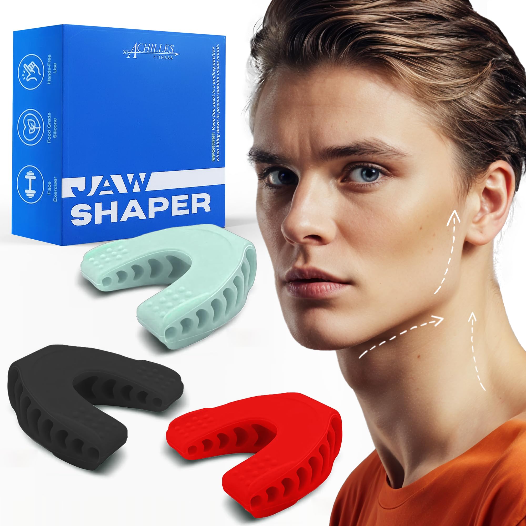 Achilles Fitness entrenador mandíbula silicona: seguro para uso diario en casa para tonificar mandíbula.