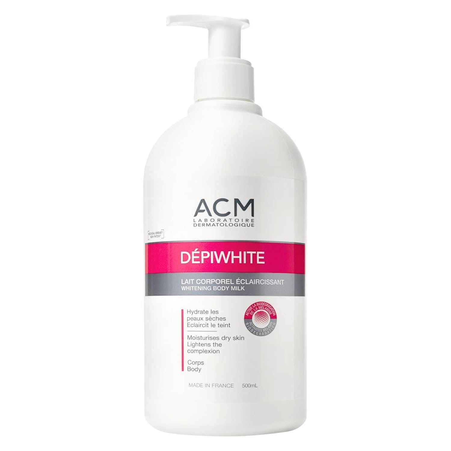 ACM Depiwhite Leche Corporal Despigmentante 500ml, botella para hidratación suave.