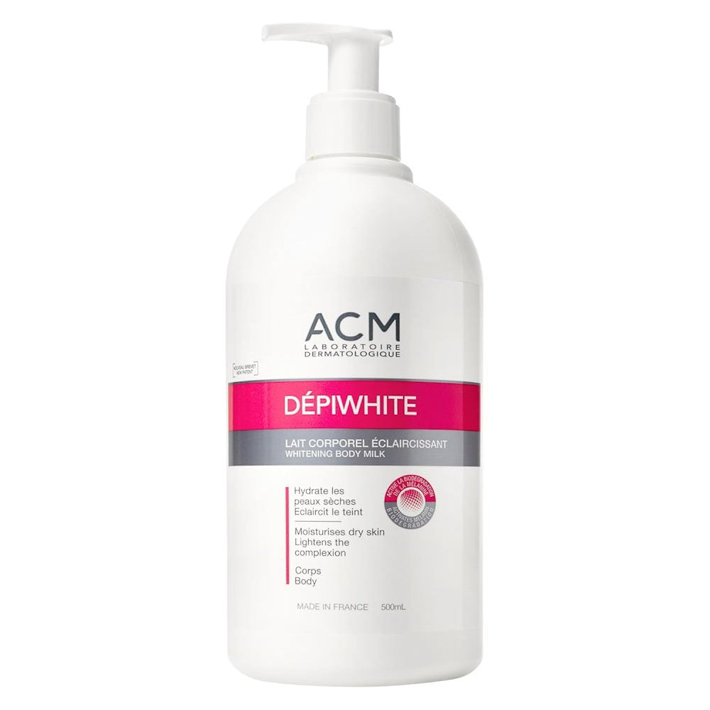 ACM Depiwhite Leche Corporal Despigmentante 500ml, botella para hidratación suave.
