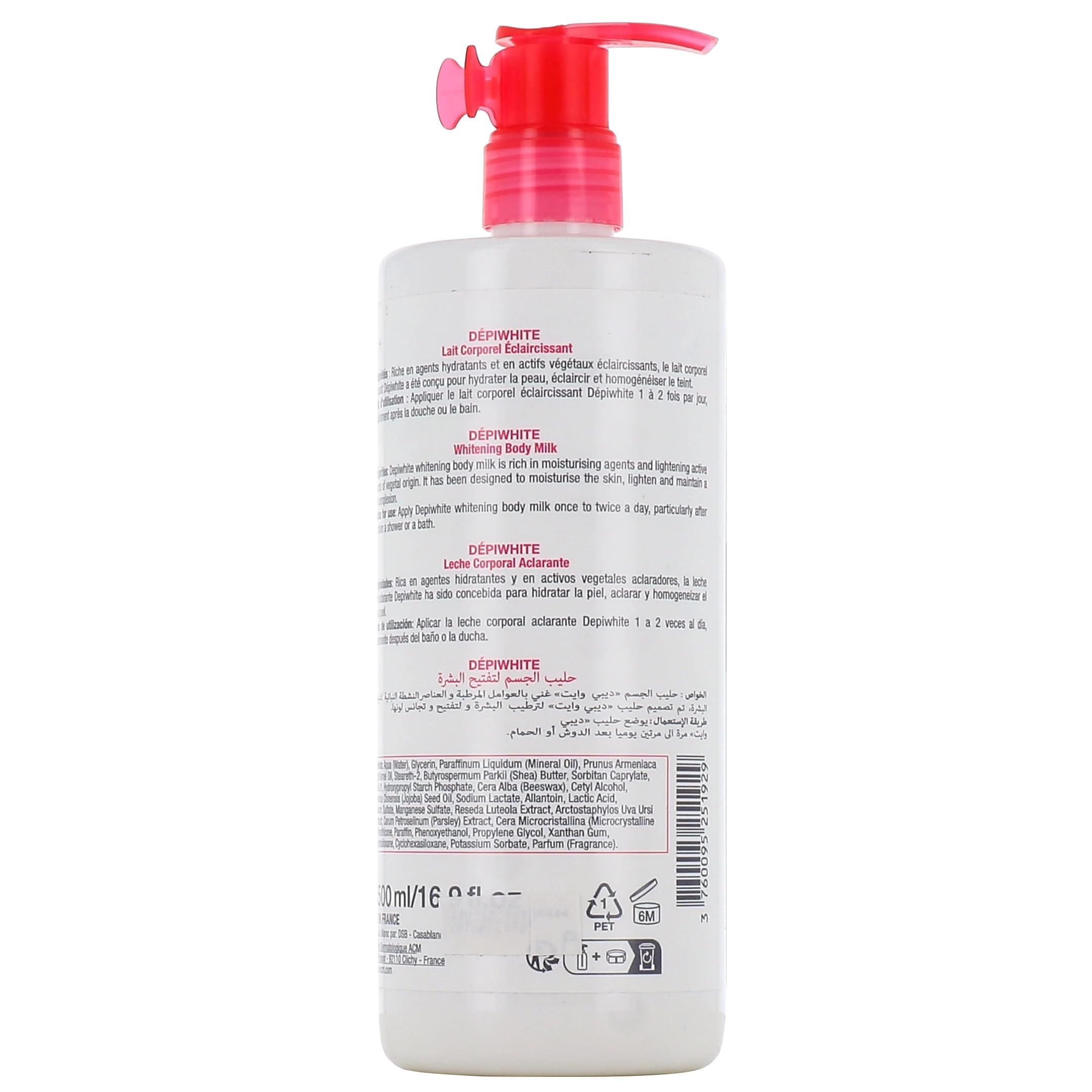 ACM Depiwhite Leche Corporal Despigmentante 500ml, dispensador para uso diario.