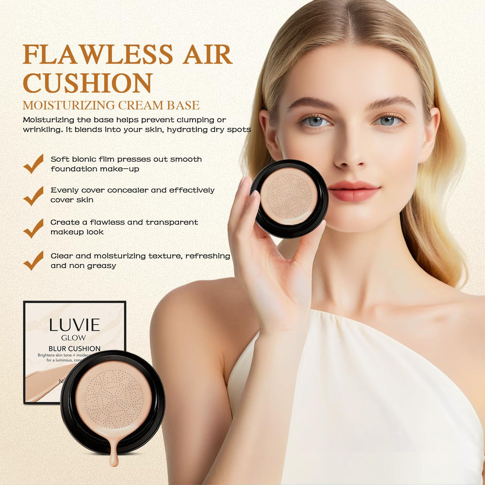 Acuever Luvie Glow Foundation Cushion con aplicador hongo para cobertura suave.