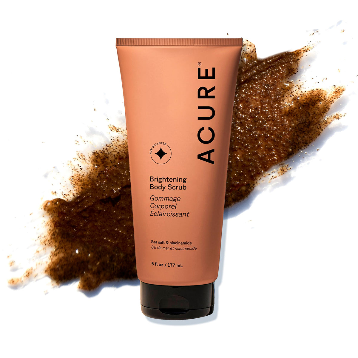 Acure exfoliante corporal brillante con sal marina para piel suave y radiante.