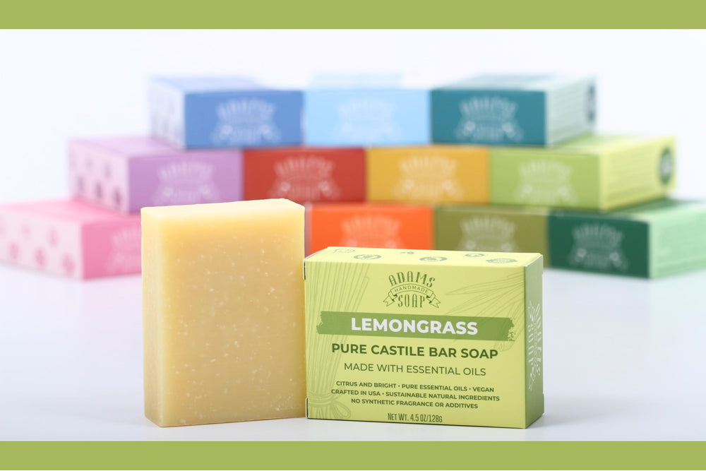 Adams Handmade Soap: ingredientes orgánicos y comercio justo en la etiqueta.