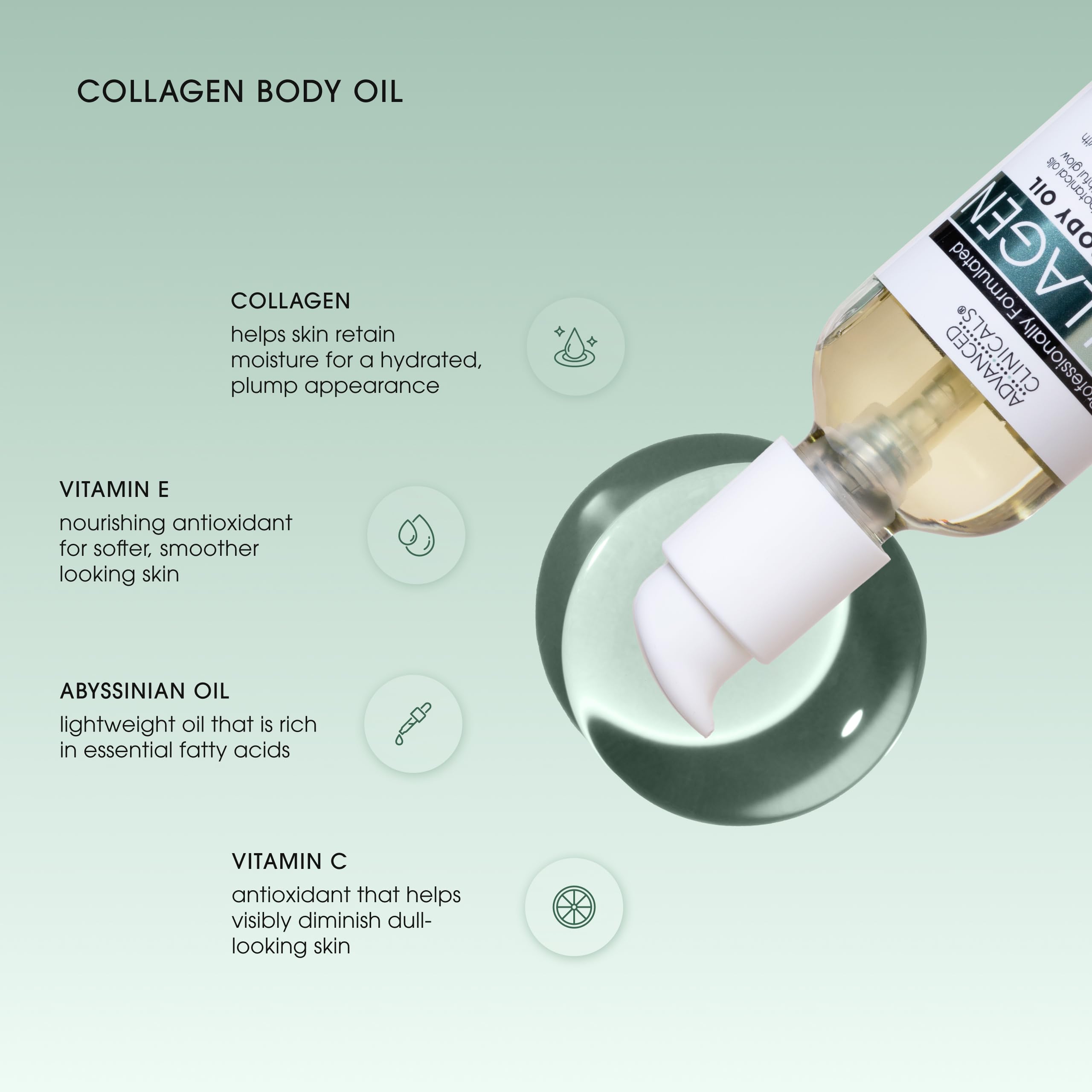 Aceite corporal Advanced Clinicals colágeno, vitamina E.