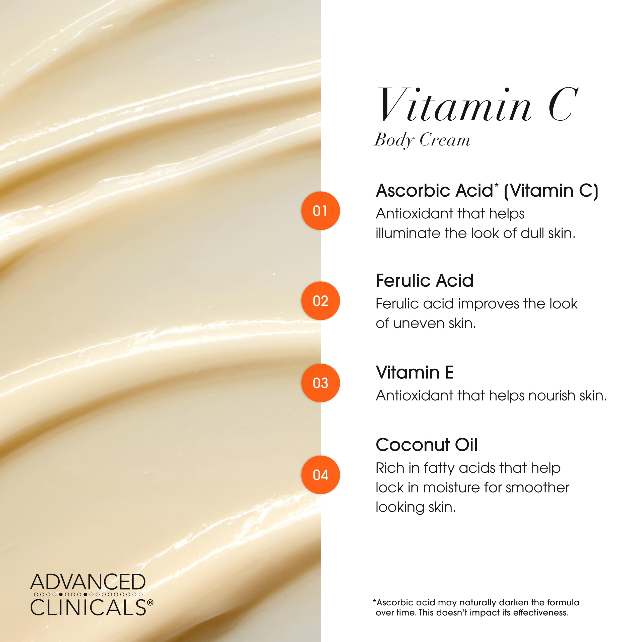 Aceite corporal Advanced Clinicals Vitamina C, se desliza para hidratación profunda.