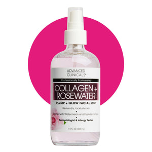 Advanced Clinicals bruma facial con colágeno y agua de rosas, botella lista para hidratación instantánea.