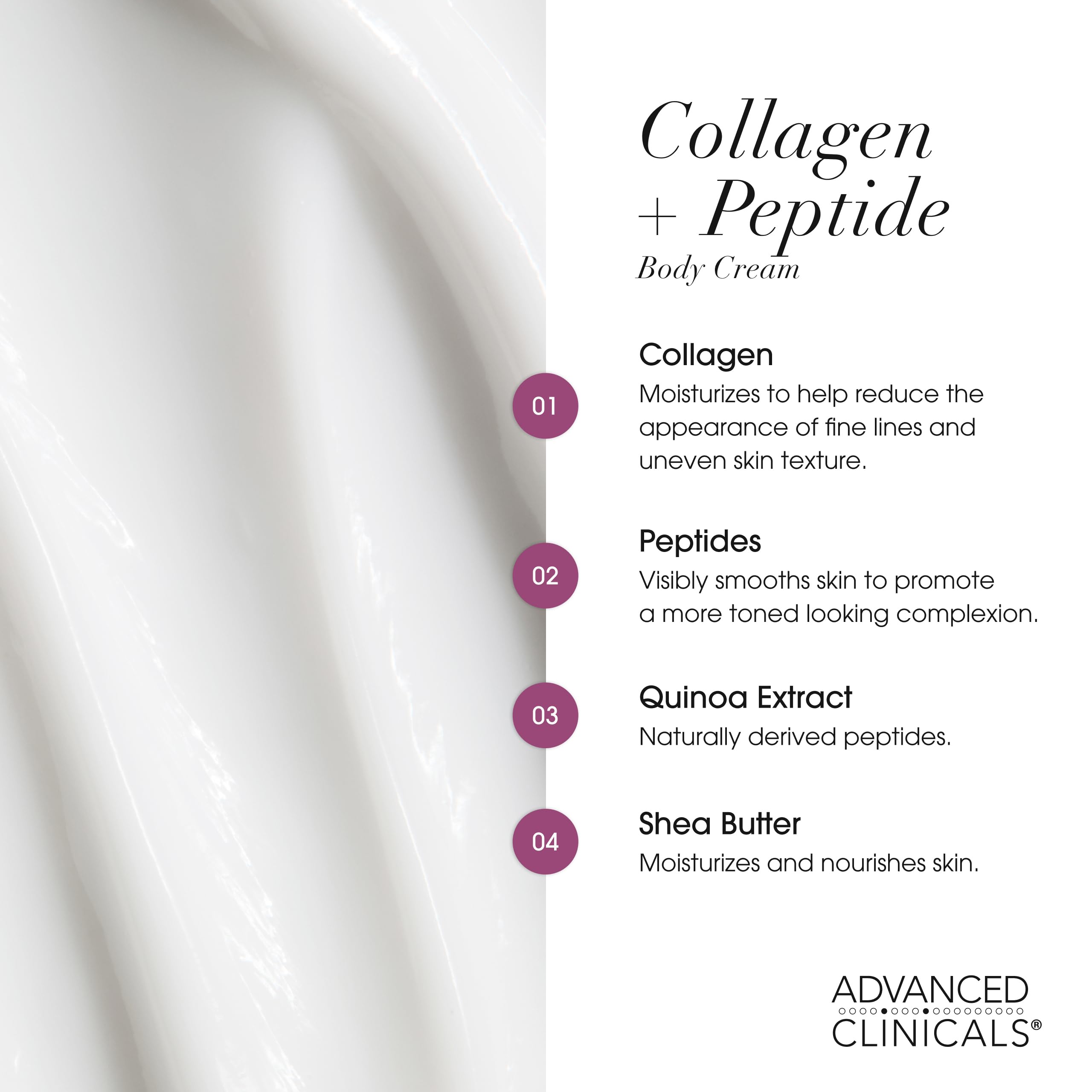Ingredientes clave: Shea, Quinua, Té Verde y Vitamina E en Advanced Clinicals Collagen Peptides.