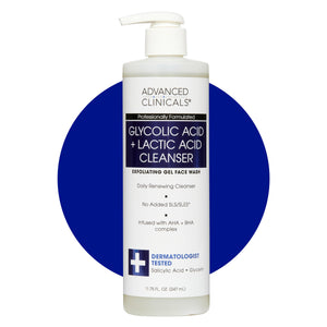 Advanced Clinicals Glycolic Acid Exfoliating Face Wash, botella frontal, exfolia suavemente la piel.
