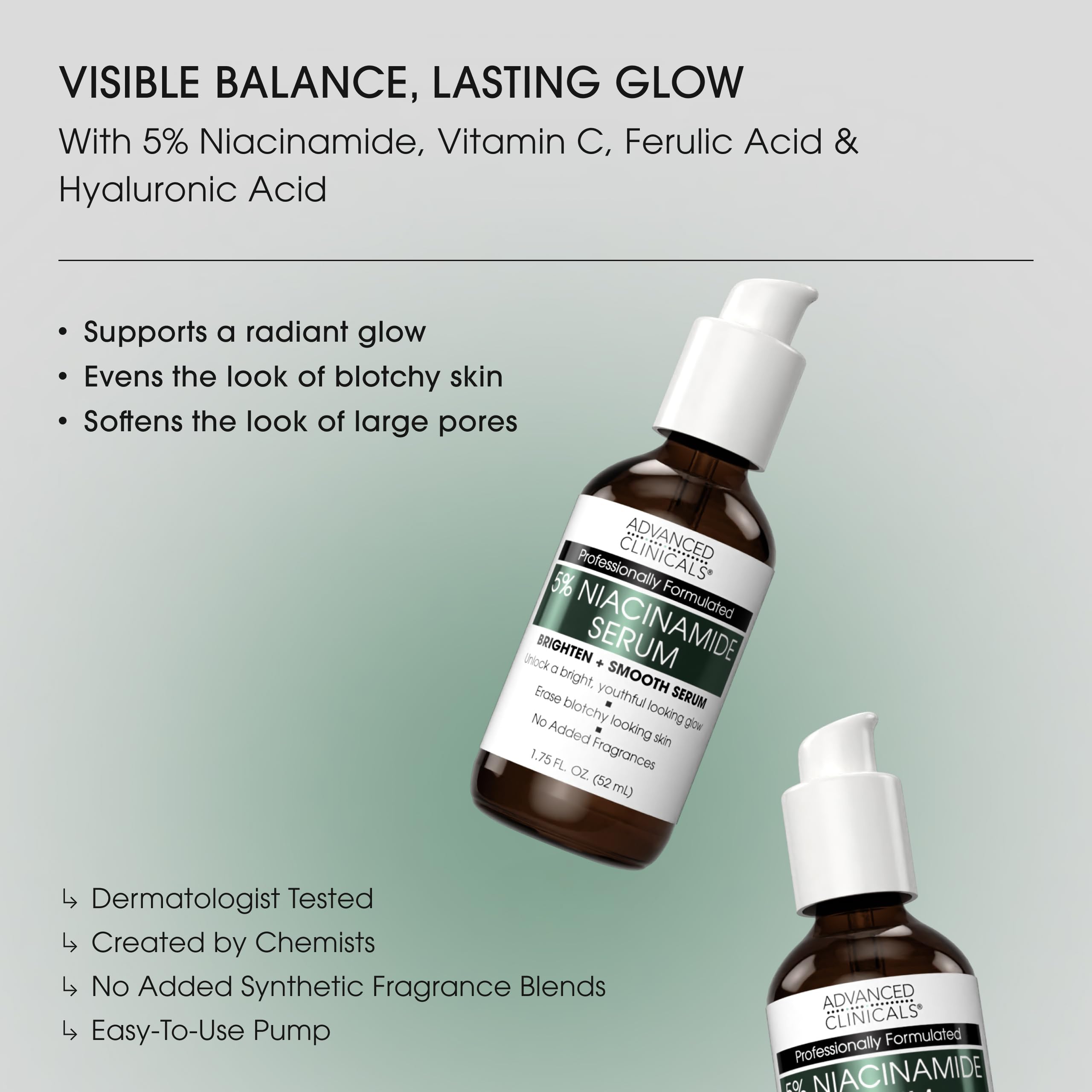 Advanced Clinicals Niacinamida 5% serum aplicado: una gota hidrata y suaviza