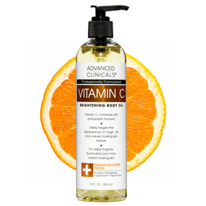 Advanced Clinicals Vitamina C Brillo Aceite Cuerpo, botella vertida, hidratación diaria.
