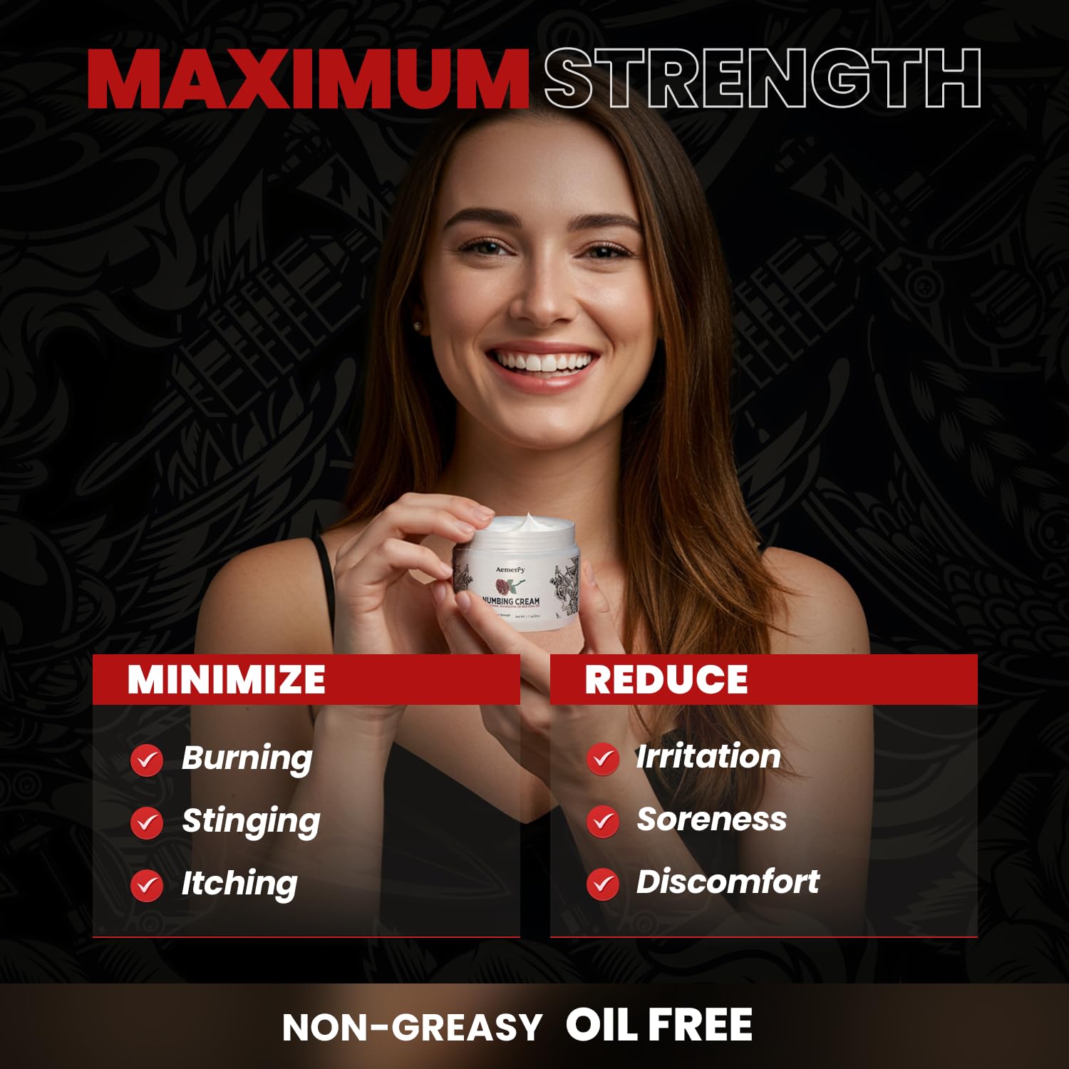 Aemerry Numbing Cream with Arnica and Emu Oil ingredients highlighted for skin support.