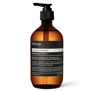 Shampoo Aesop Volumizing: botella mostrando mayor volumen para cabello fino.