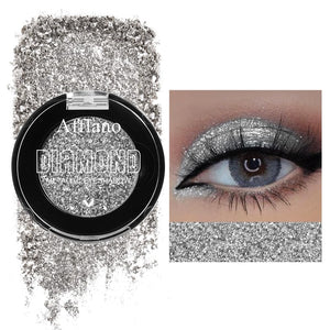 Afflano sombra purpurina gris plata, paleta compacta para looks intensos y duraderos.