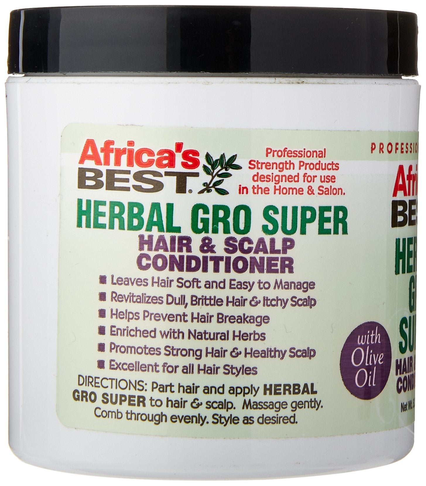 Africa's Best Super Gro etiqueta muestra ingredientes y brillo suave