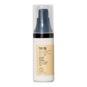 AG Care The Oil Argan, botella derramando, suavidad y brillo ligero.