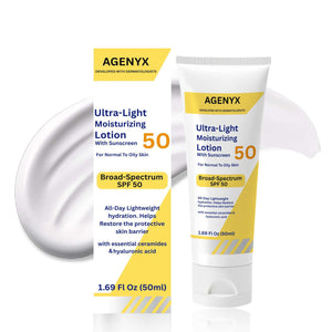 Agenyx Crema Día con SPF50, botella: hidratación ligera y protección solar para uso diario.