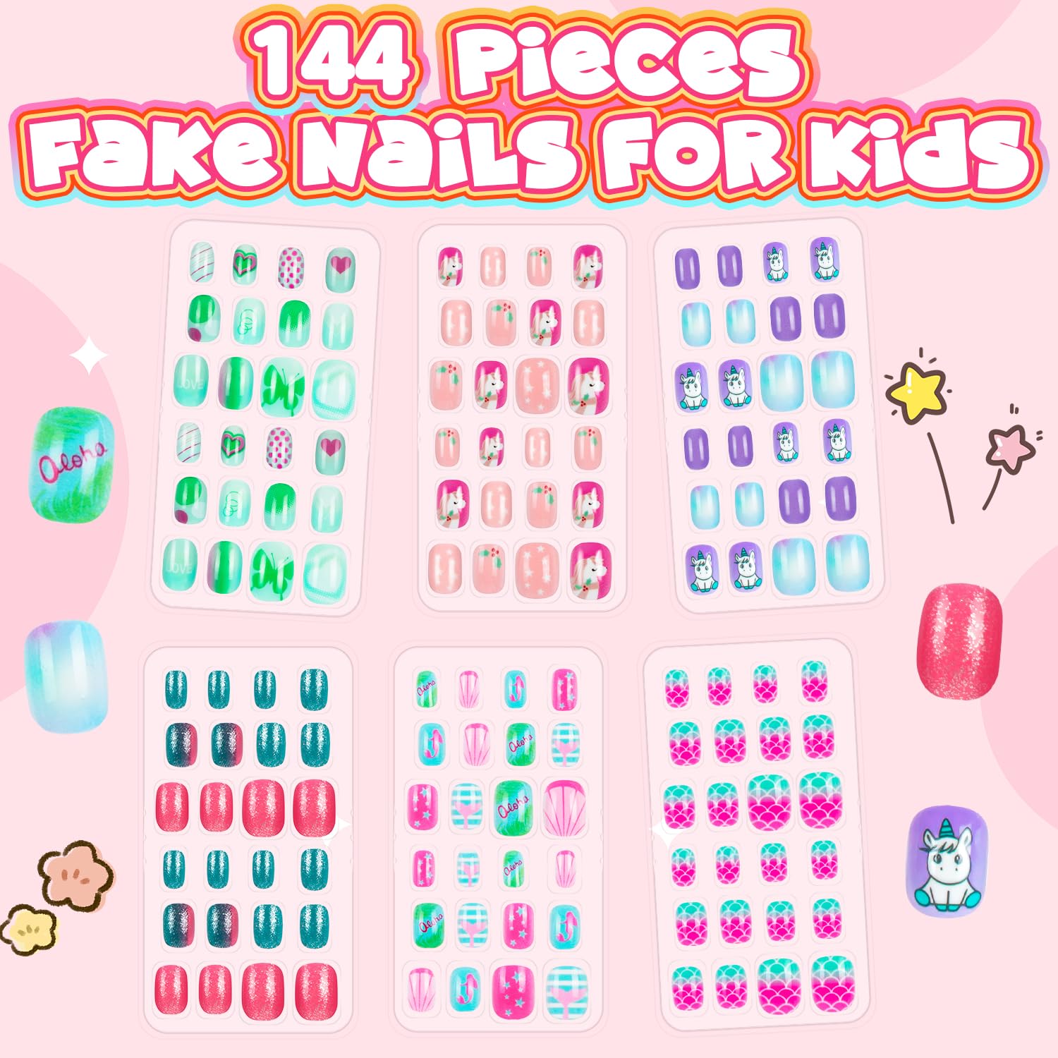 AGGKKY uñas postizas infantiles, diseños flores, aptas para manualidades en casa.