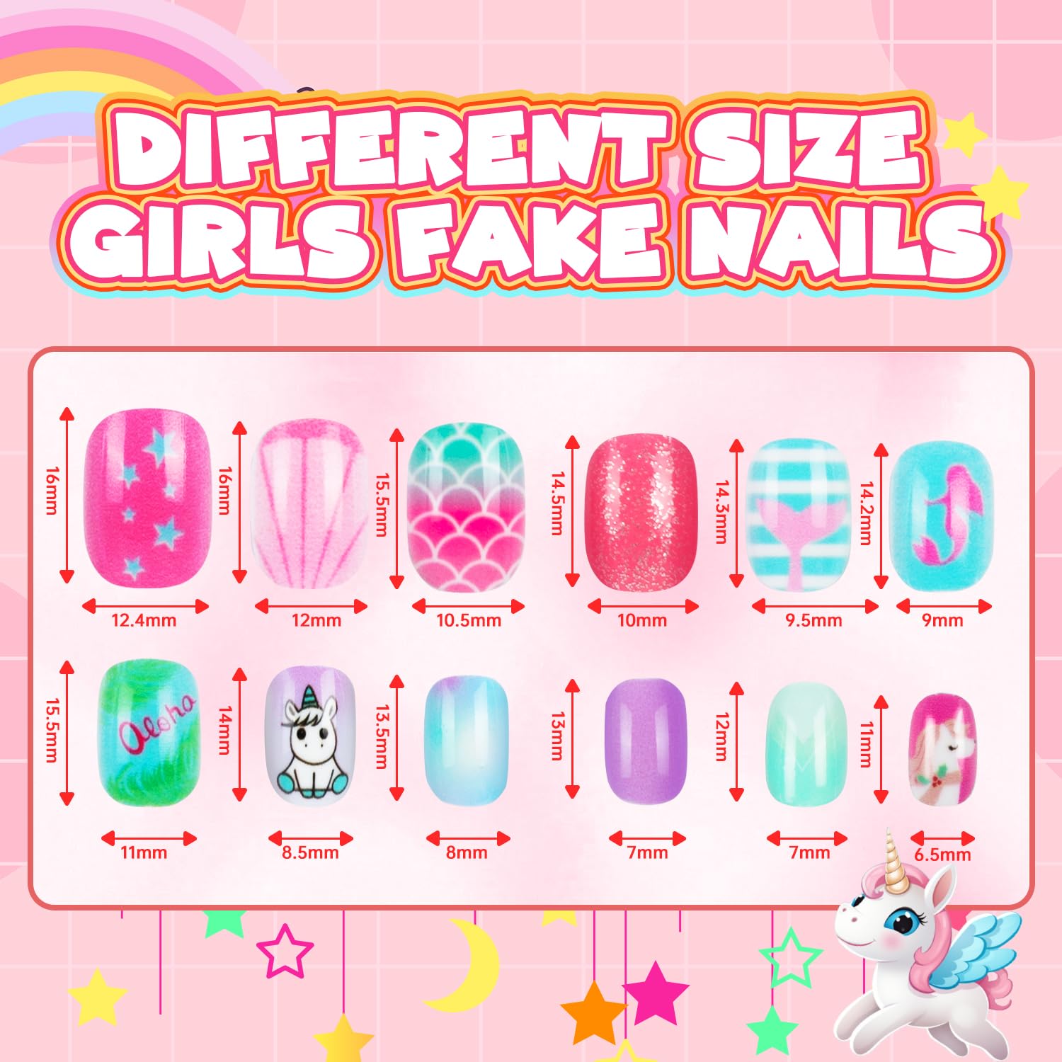 AGGKKY uñas postizas infantiles, diseños arcoíris, perfectas para crear estilos diarios.