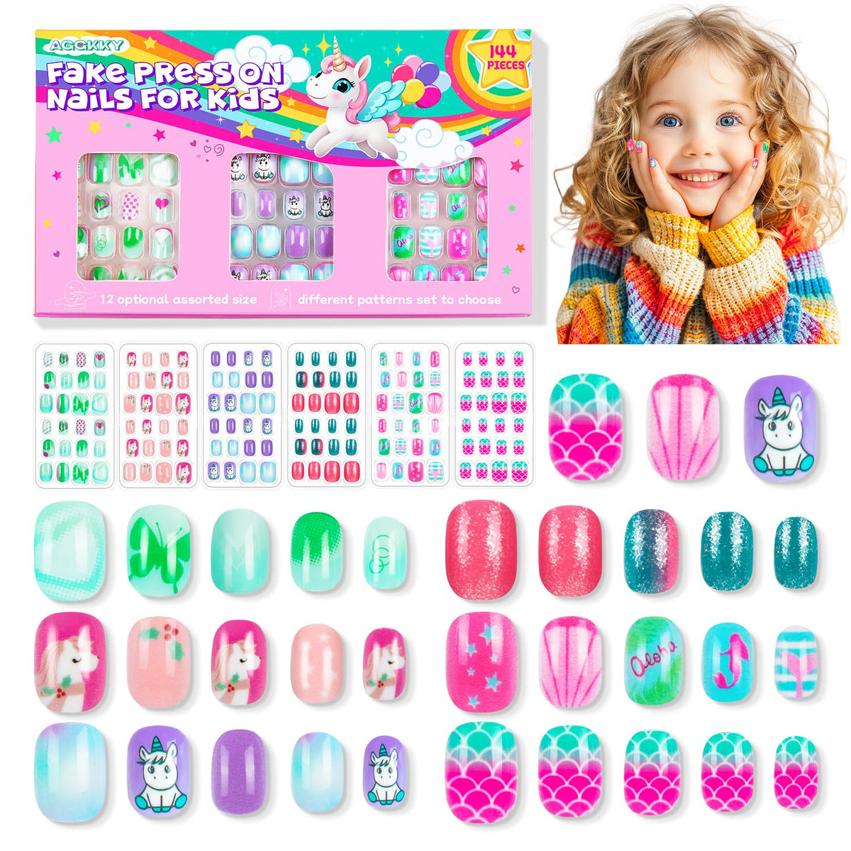 AGGKKY uñas postizas infantiles, diseños corazones, fáciles de pegar para arte de uñas.