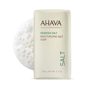 AHAVA Jabón de Sal del Mar Muerto, foto frontal del empaque, limpieza suave para rostro y cuerpo.