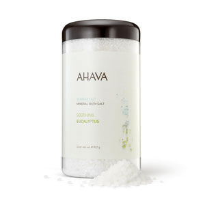 AHAVA Sal del Mar Muerto con eucalipto en envase, ideal para relajación