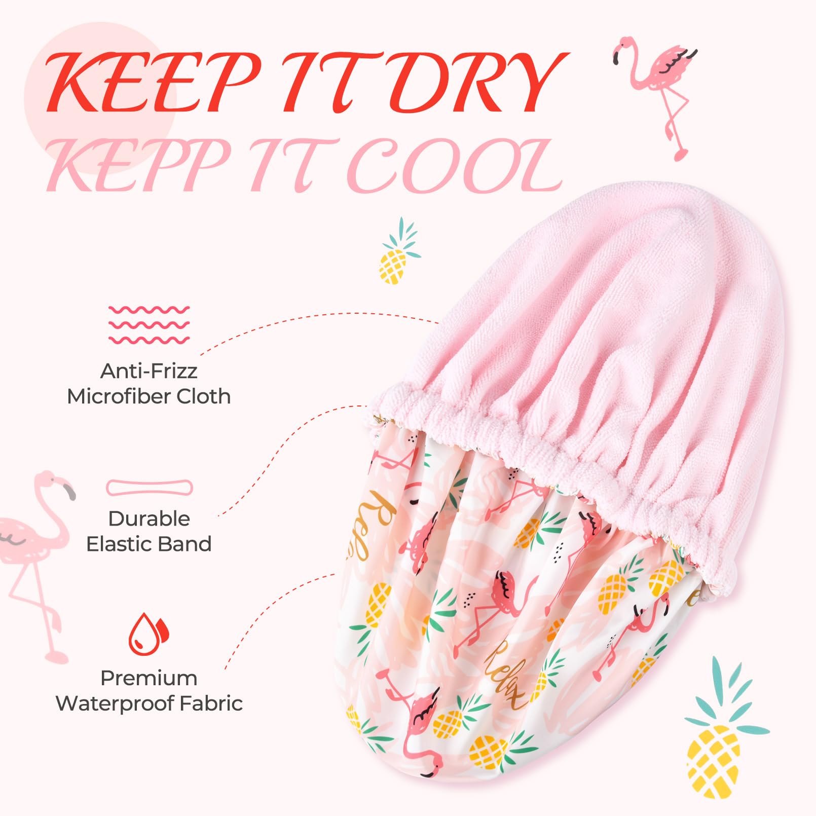 Gorro impermeable de Aileam en rosa con flamencos para cabello limpio y protegido.