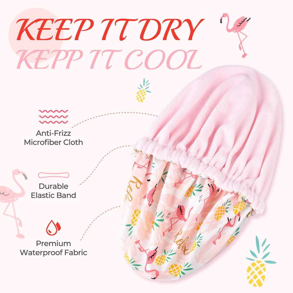 Gorro impermeable de Aileam en rosa con flamencos para cabello limpio y protegido.