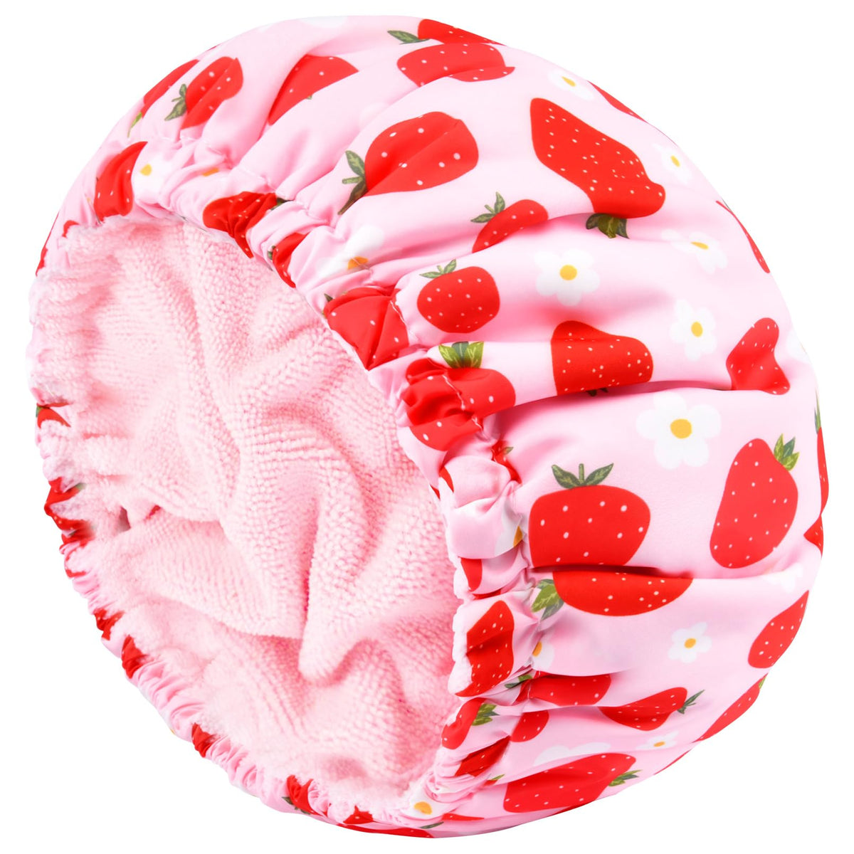 Gorro Aileam rosa con fresa, evita salpicaduras en el cabello.