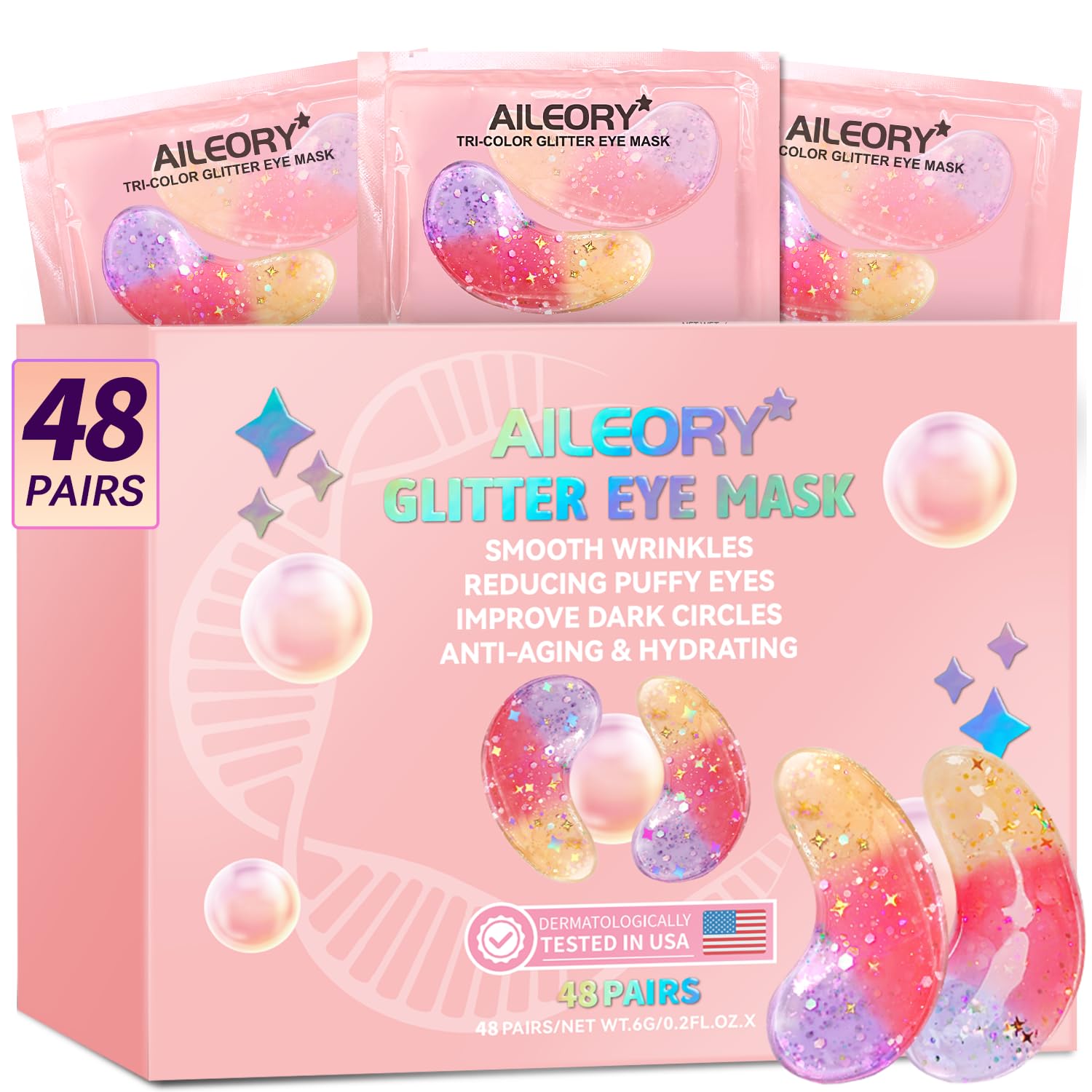 Parche contorno de ojos AILEORY en gel tricolor con brillo para hidratación.