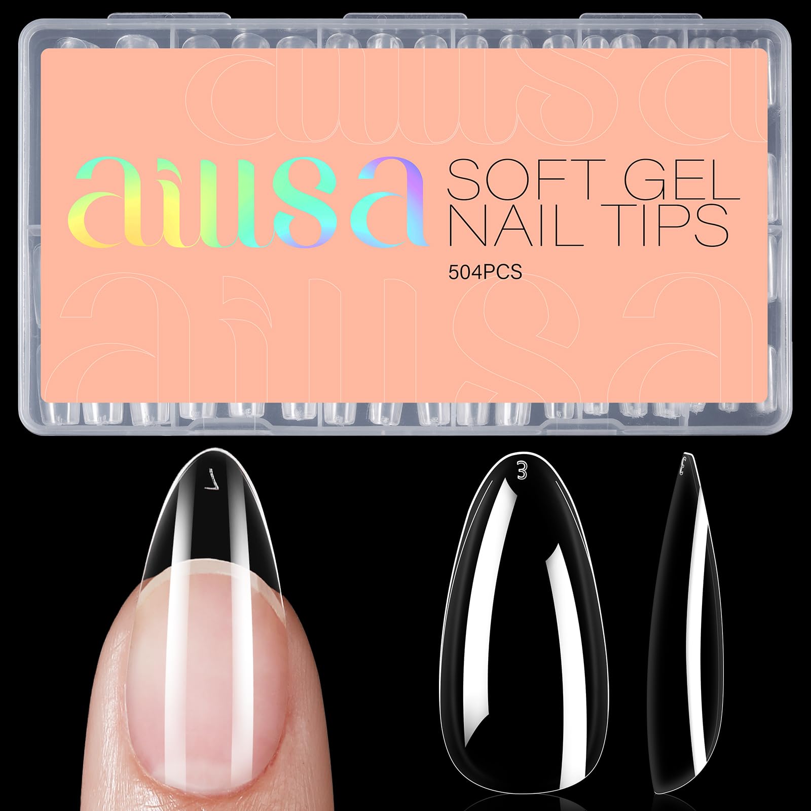 Extensiones de uñas almendra AILLSA 504 piezas, envase claro para manicura precisa.