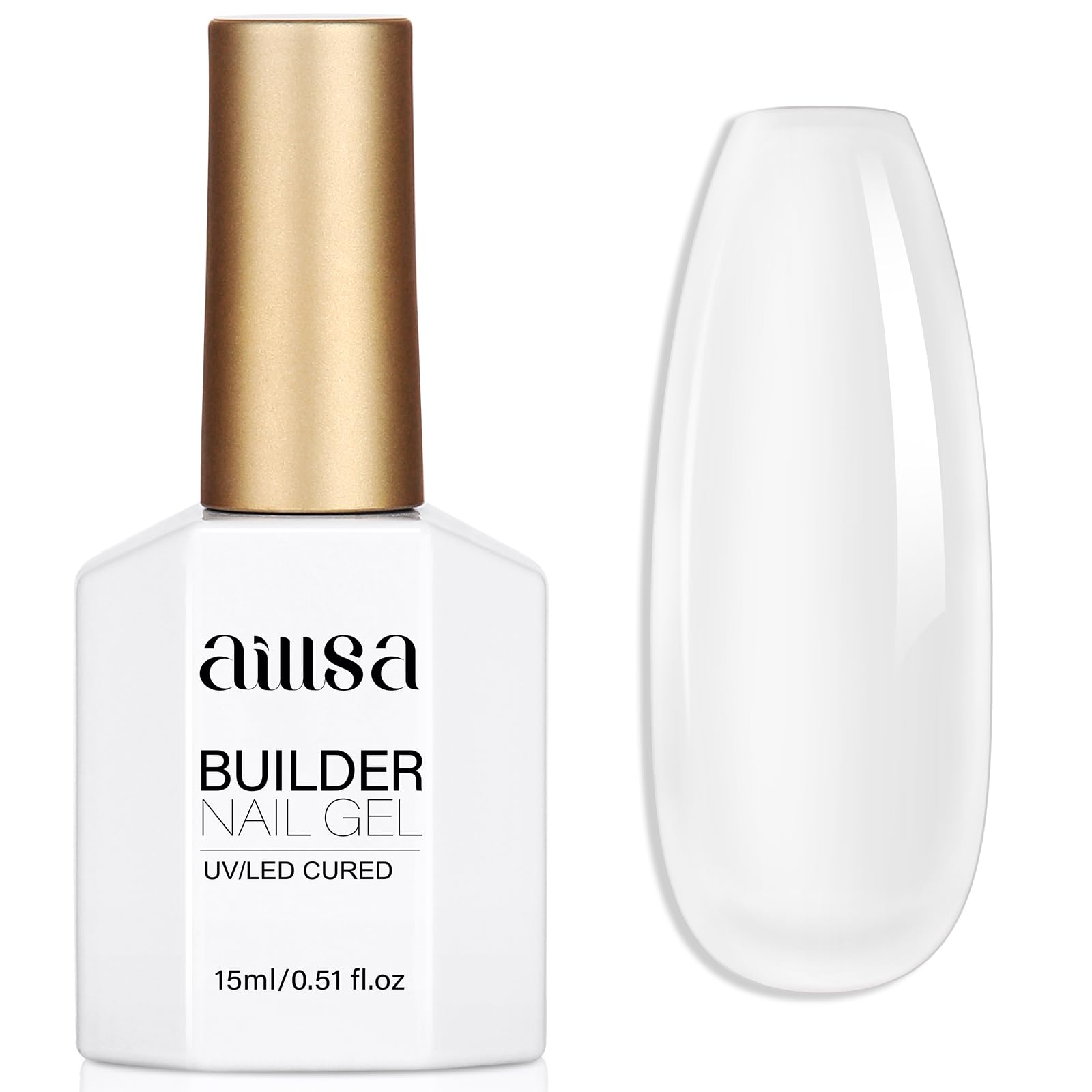 Gel builder claro de AILLSA en botella para un acabado natural y uniforme.