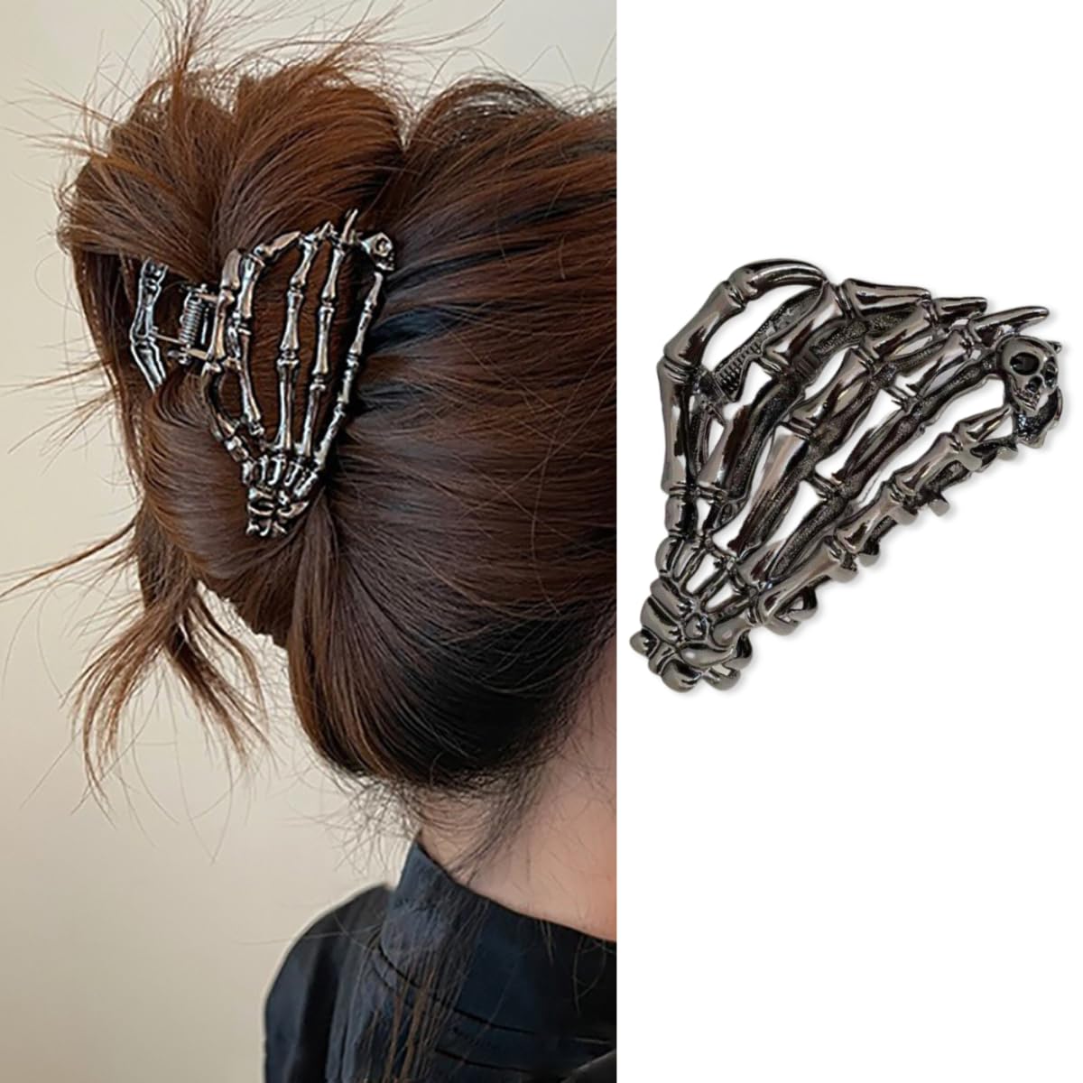 Pinza AIUPUOC para cabello con cráneo esqueleto negro, sujeción diaria.
