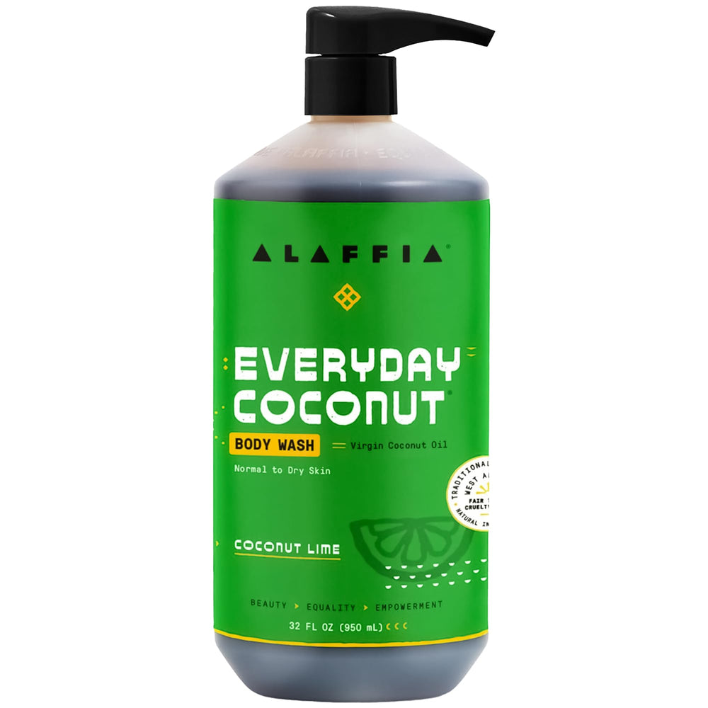 Alaffia EveryDay Coconut Body Wash vertiendo en la ducha para limpieza suave.