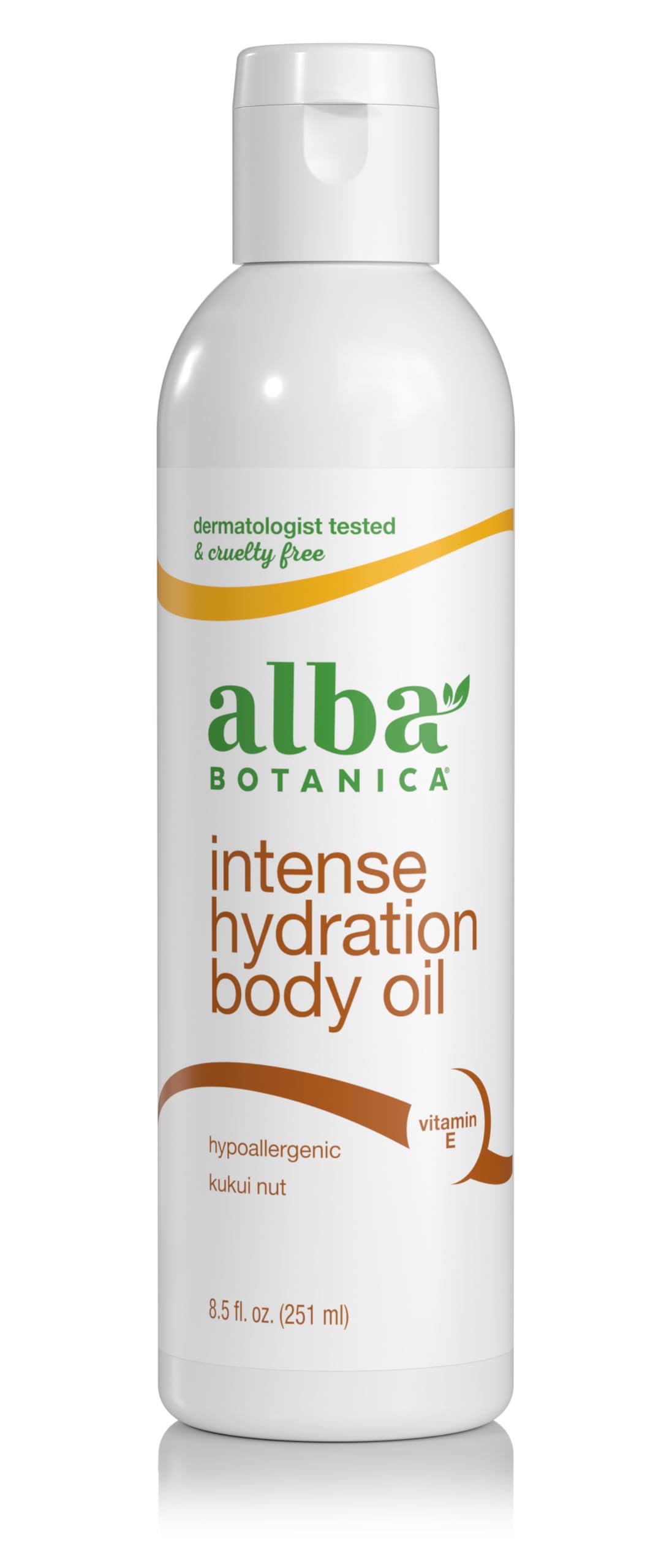 Alba Botanica Aceite Corporal Hidratación Intensiva en botella para aplicación suave.