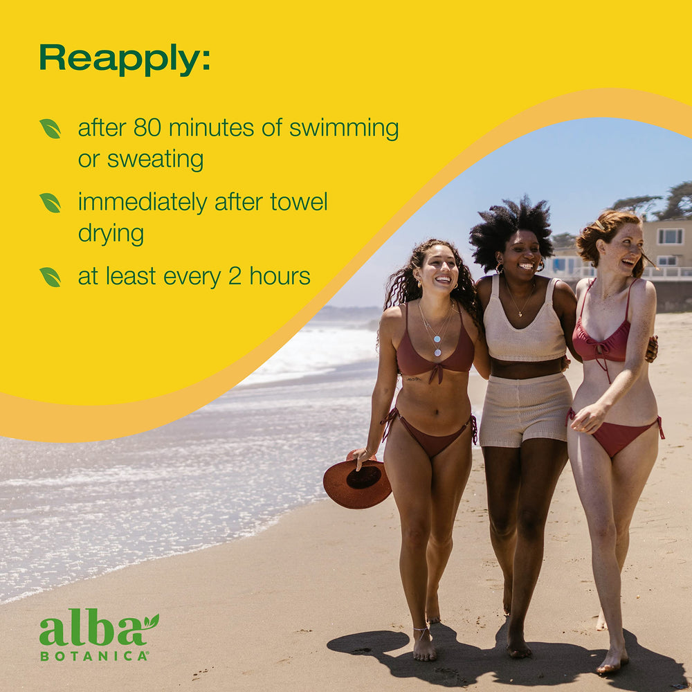 Aplicación diaria de Alba Botanica SPF 50 para protección solar y cuidado de la piel.