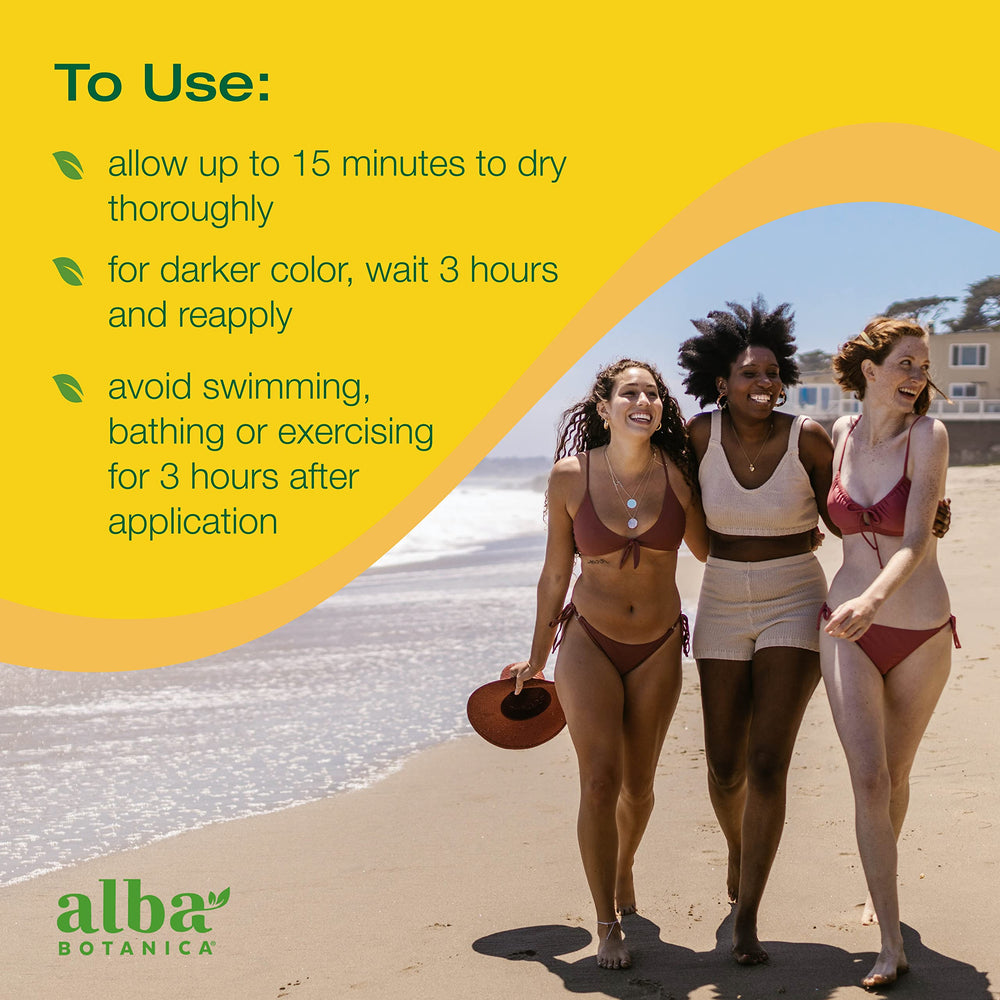 Alba Botanica Bronceador Sin Sol: envase de 4 onzas para uso diario y control de tono.