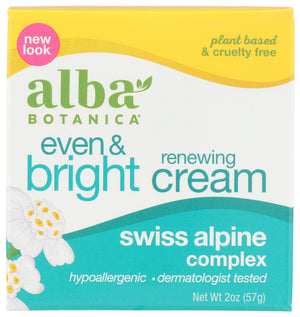 Alba Botanica Even and Bright Renewal Cream frasco nocturno para una piel más uniforme.