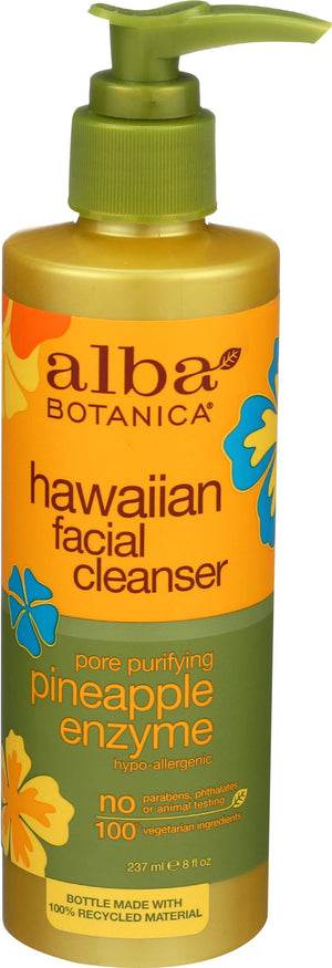 Alba Botanica limpiador facial enzimas hawaianas, botella piña, limpieza suave para piel sensible.