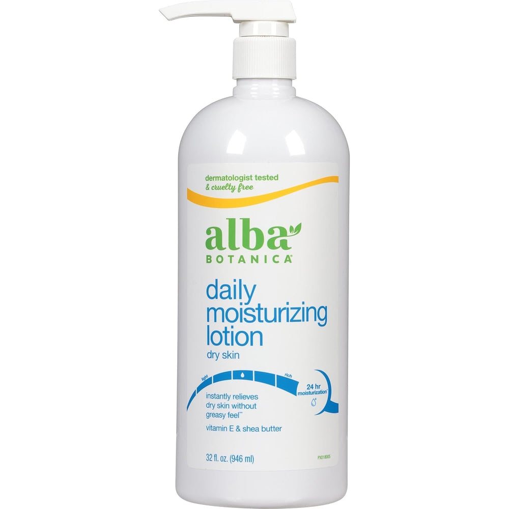 Alba Botanica Loción Corporal Muy Emoliente Máximo en bote 32 oz para hidratación duradera.