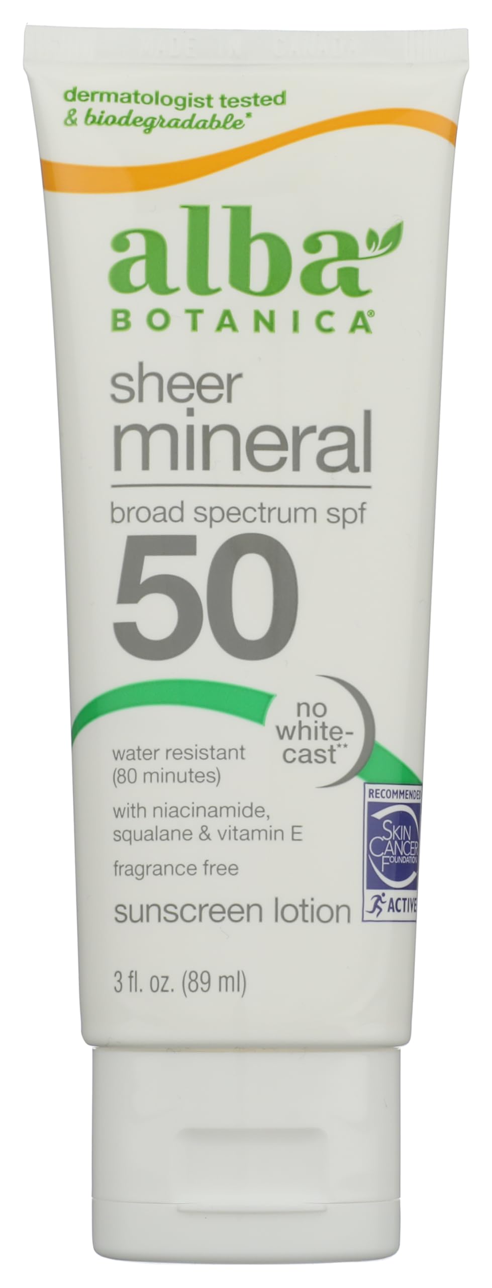 Alba Botanica Mineral Sunscreen Lotion SPF 50, envase 90 ml, protección diaria.