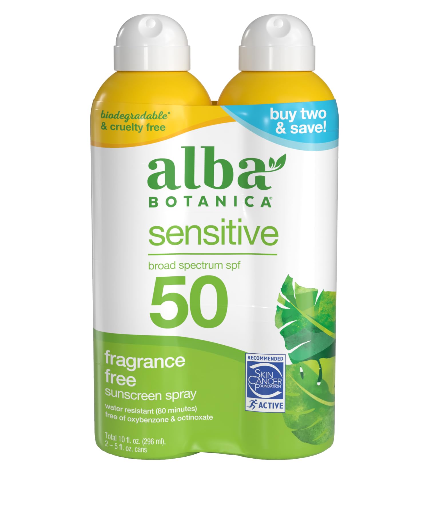 Alba Botanica protector solar SPF 50: botella con pulverizador para uso diario sin fragancia.