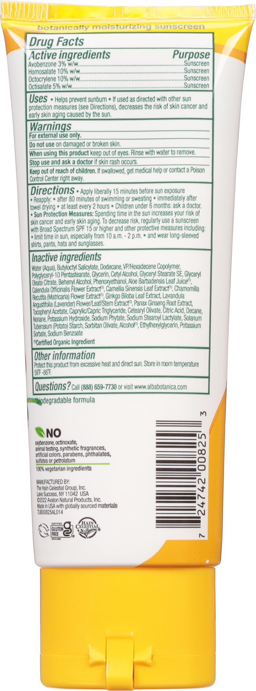 Alba Botanica etiqueta de loción solar con Aloe Vera y Ginkgo